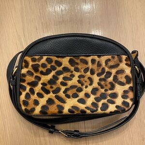 Black leather and leopard print calf hair J. Crew camera bag